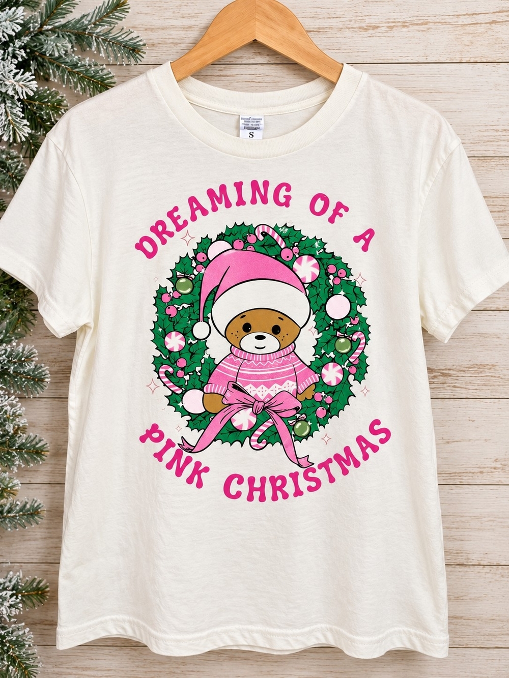 Women's Pink Christmas Teddy Bear Graphic T-Shirt Size Small